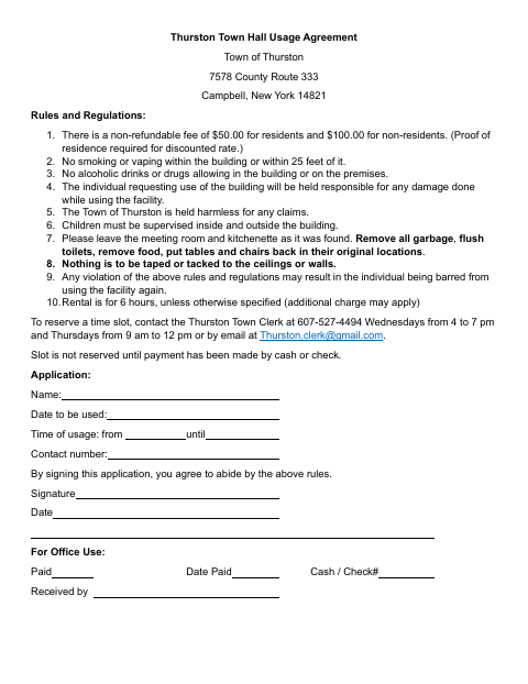 First page of the Town Hall Usage Agreement