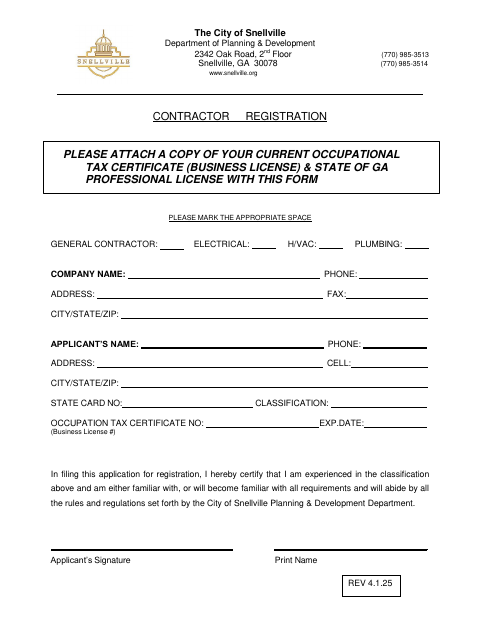 First page of the Contractor Registration