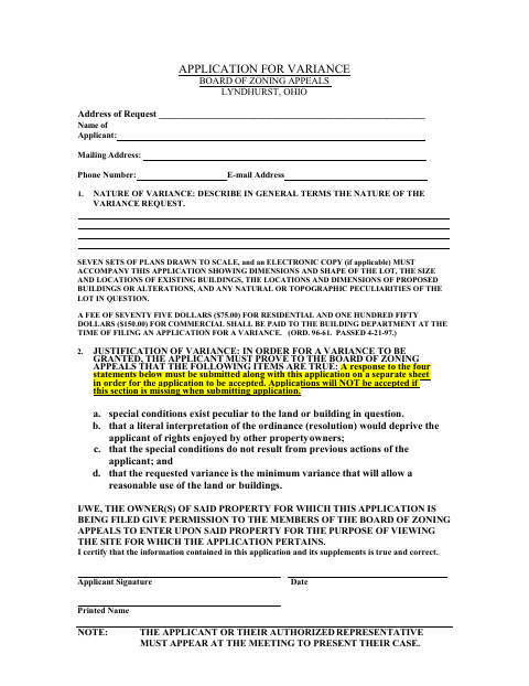 First page of the Application for Variance – Board of Zoning Appeals