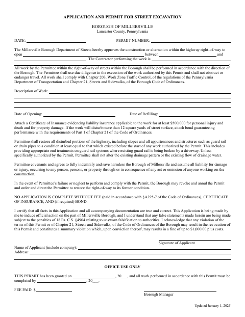 First page of the Application and Permit for Street Excavation