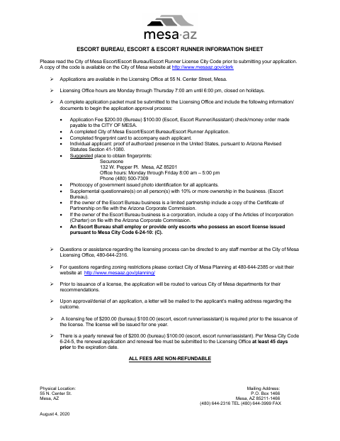 First page of the Escort Bureau, Escort & Escort Runner Information Sheet