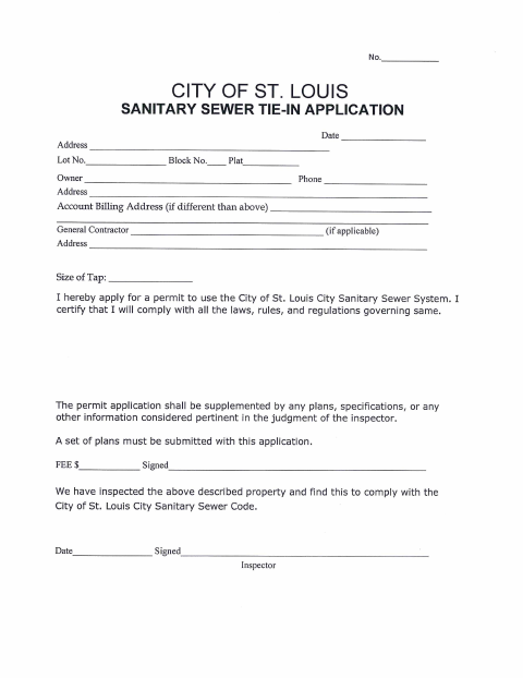 First page of the Sanitary Sewer Tie In Application