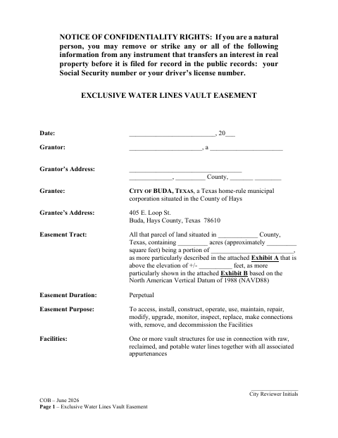 First page of the Exclusive Water Lines Vault Easement
