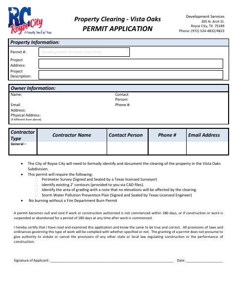 First page of the Property Clearing – Vista Oaks Permit Application