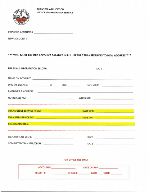 First page of the Water Service Transfer Application