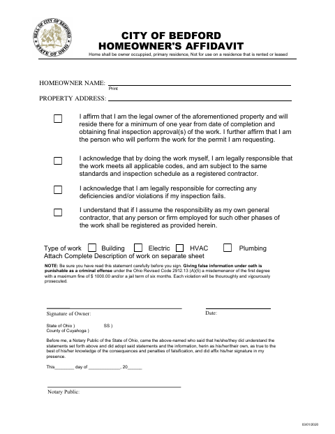 First page of the Homeowner Affidavit