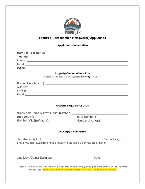 First page of the Major Replats and Consolidation Plats Application