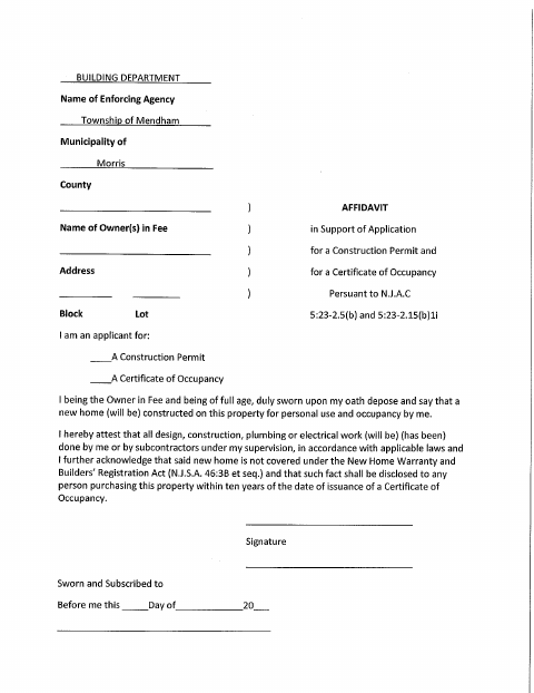 First page of the Single Family Dwelling Affidavit