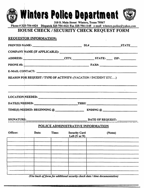 First page of the House Check / Security Check Request