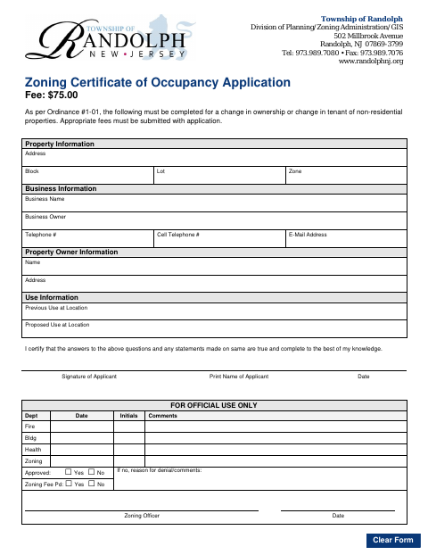 First page of the Zoning Certificate of Occupancy Application