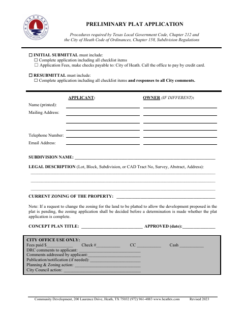 First page of the Preliminary Plat Application