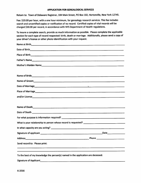 First page of the Application for Genealogical Services
