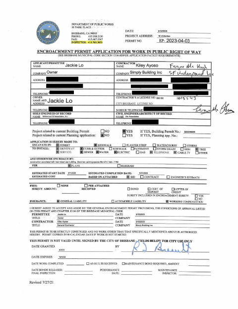 First page of the Encroachment Permit Application for Work in Public Right of Way