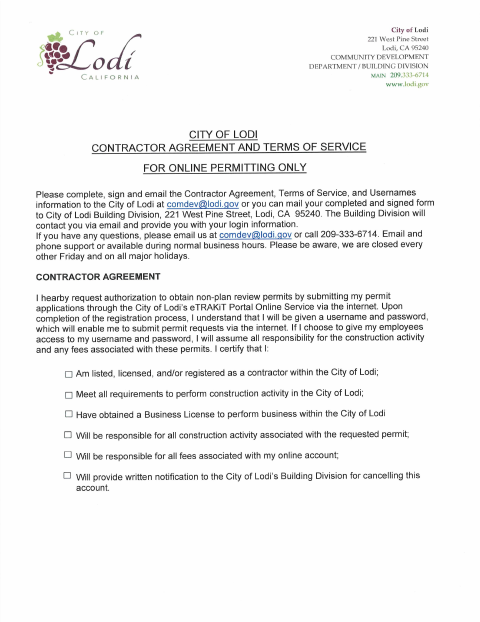 First page of the Contractor Agreement and Terms of Service for Online Permitting