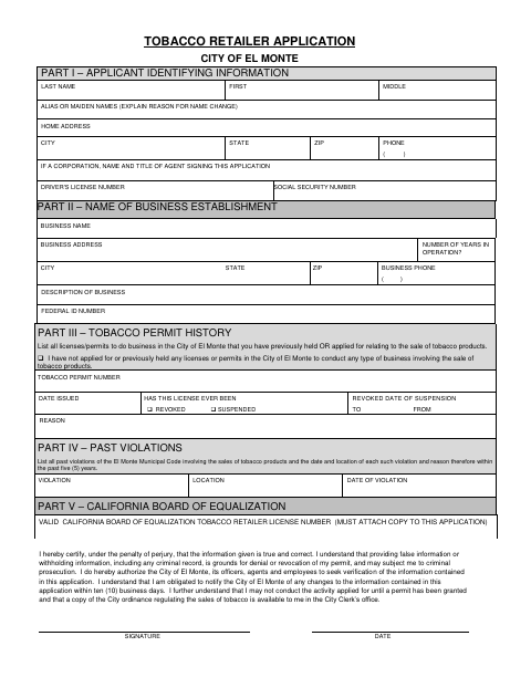 First page of the Tobacco Retailer Application