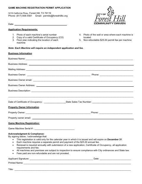 First page of the Game Machine Registration Permit Application