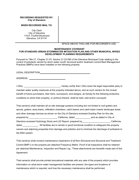 First page of the Maintenance Covenant for Stormwater Mitigation