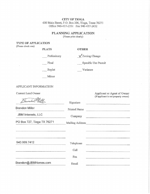First page of the Brandon Miller 20.033 Acres Zoning Application