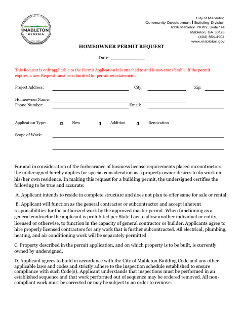First page of the Homeowner Permit Request