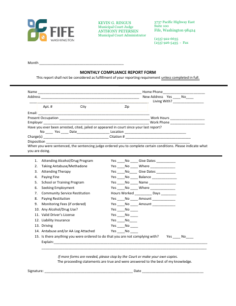 First page of the Monthly Compliance Report Form
