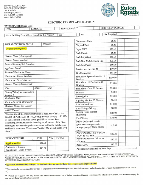 First page of the Electric Permit Application
