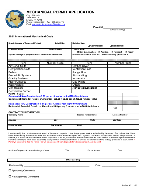 First page of the Mechanical Permit Application