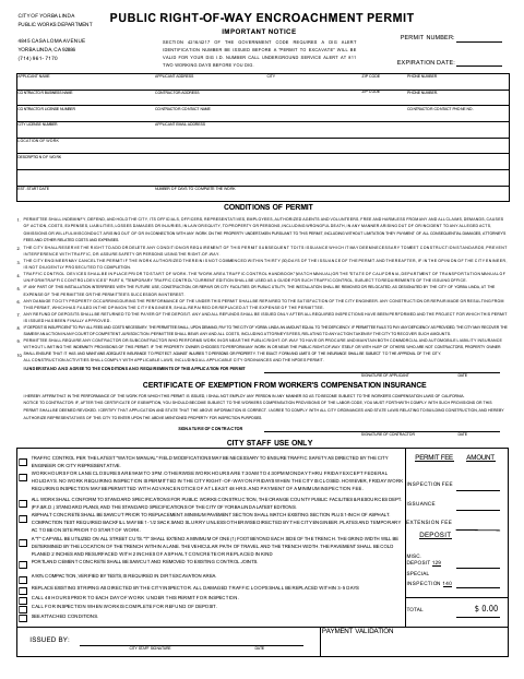 First page of the Public Right-of-Way Encroachment Permit Application