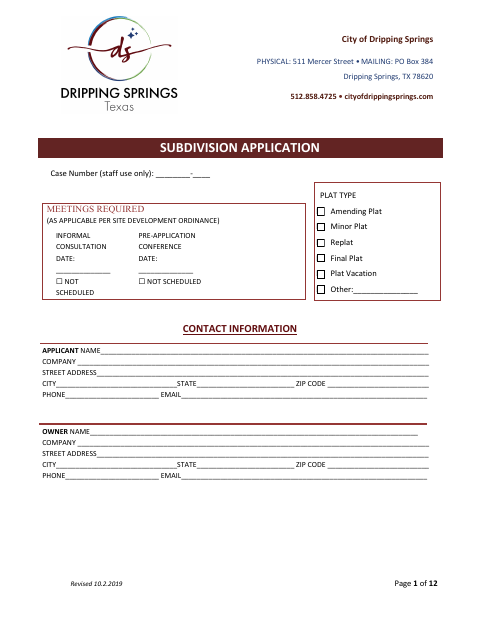 First page of the Subdivision Plat Application