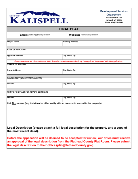 First page of the Final Plat Application