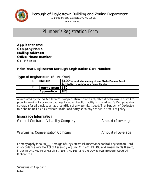 First page of the Plumber’s Registration Form