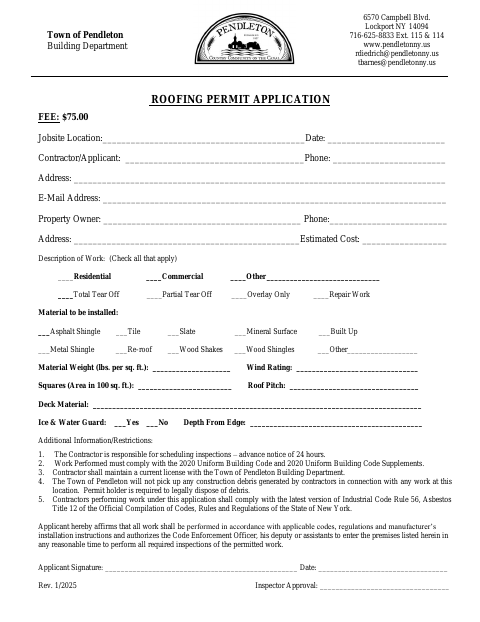 First page of the Roofing Permit Application