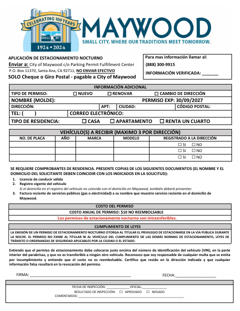 First page of the Overnight Parking Permit Application
