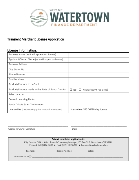 First page of the Transient Merchant License Application