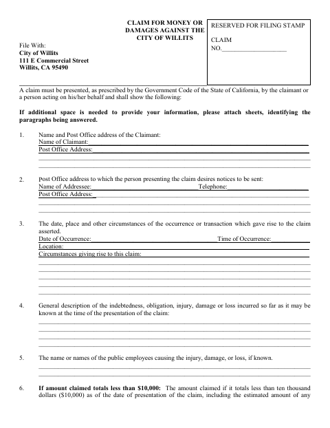First page of the Claim For Money Or Damages Against The City Of Willits