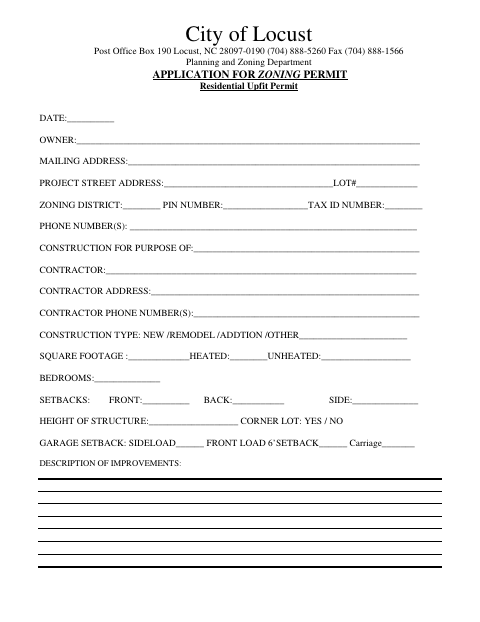 First page of the Application for Zoning Permit – Residential Upfit Permit