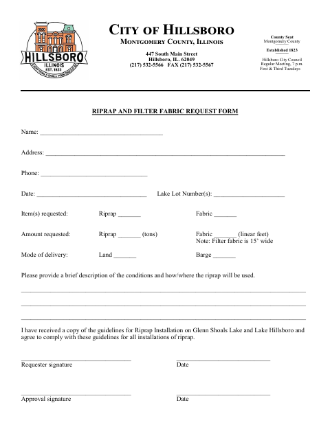 First page of the Riprap and Filter Fabric Request Form