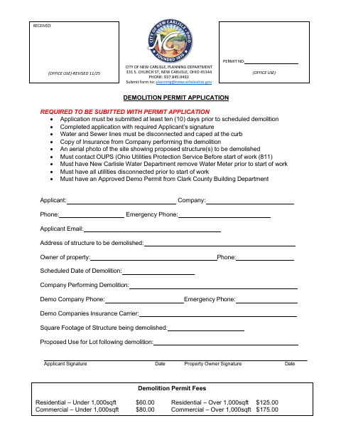 First page of the Demolition Permit Application