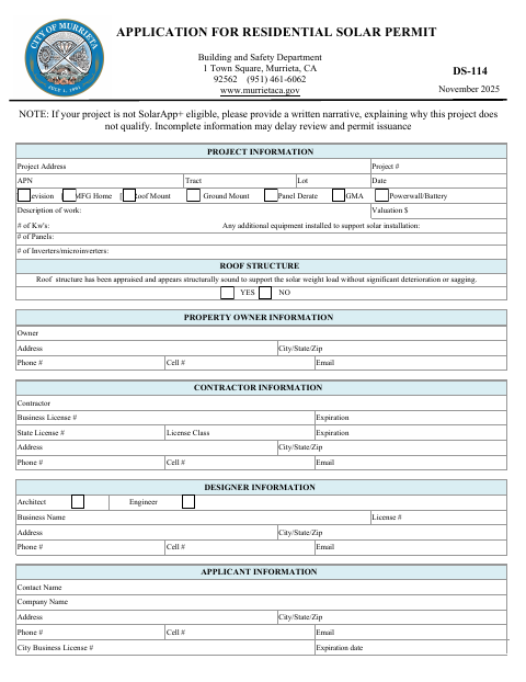 First page of the Residential Solar Permit Application