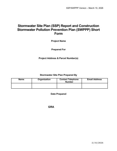 First page of the Stormwater Site Plan Report and Construction Stormwater Pollution Prevention Plan Short Form