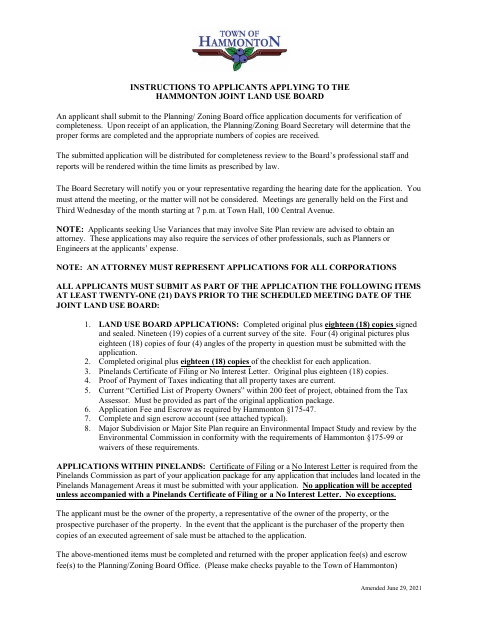 First page of the Joint Land Use Board Application