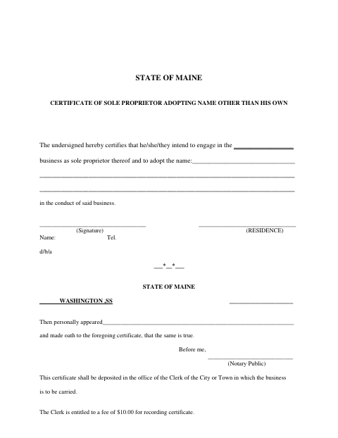 First page of the Certificate of Sole Proprietor Adopting Name