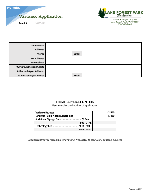 First page of the Variance Application