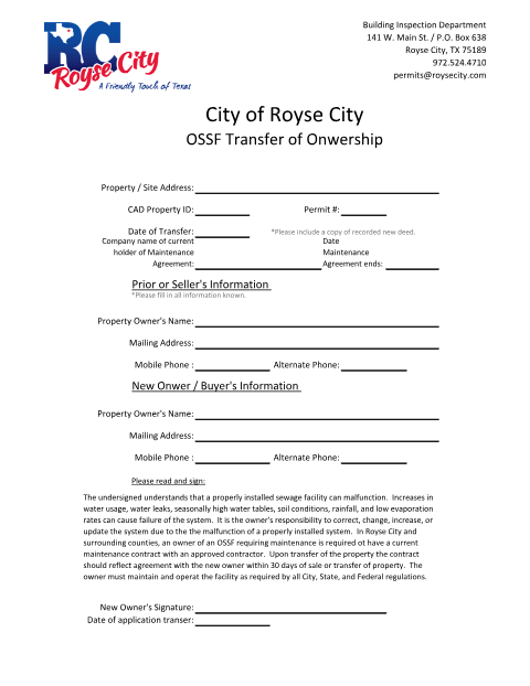First page of the OSSF Transfer of Ownership