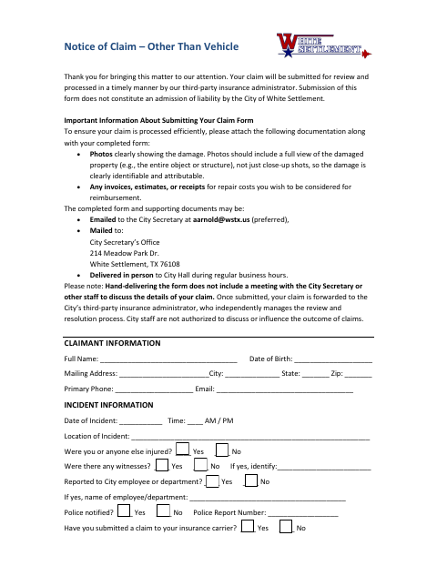 First page of the Notice of Claim – Other Than Vehicle