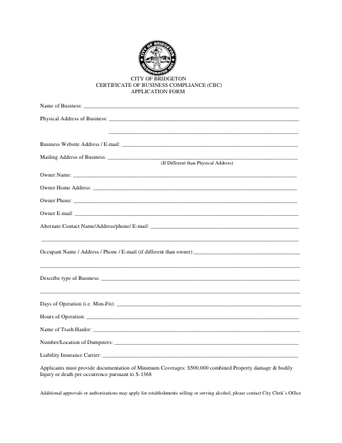 First page of the Certificate of Business Compliance Application Form