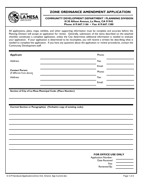 First page of the Zoning Ordinance Amendment Application