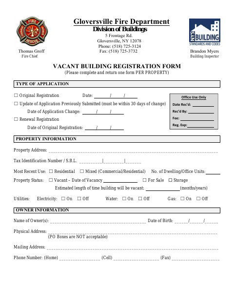 First page of the Vacant Building Registration Form