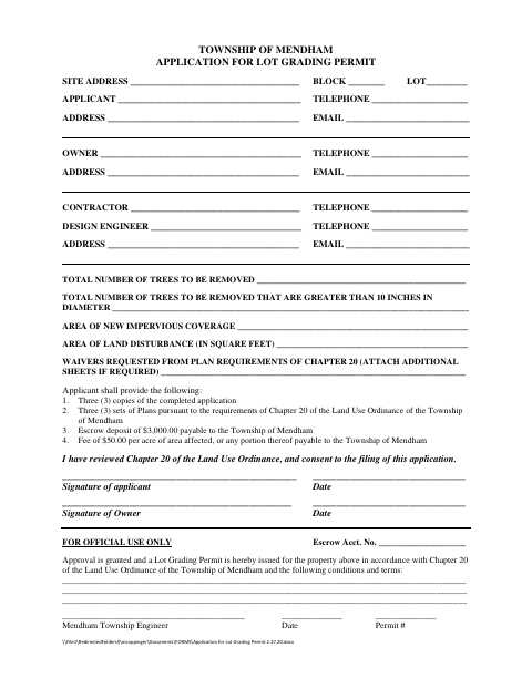 First page of the Application for Lot Grading Permit