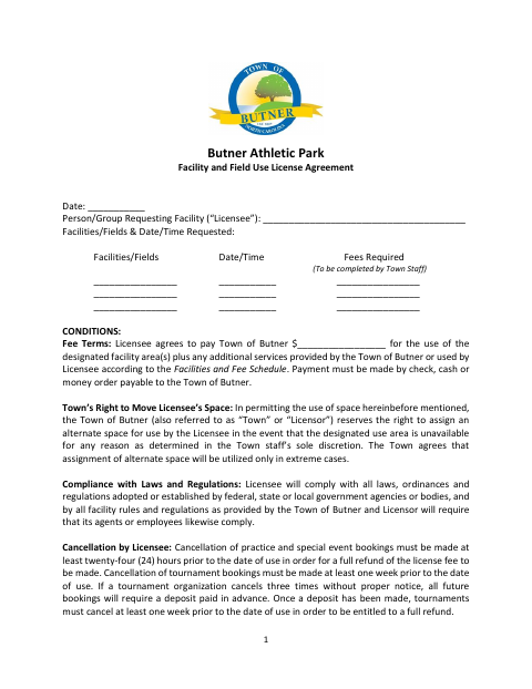 First page of the Athletic Park Facility and Field Use License Agreement