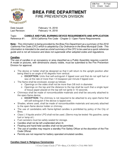 First page of the Candle and Fuel Burning Device Requirements and Application